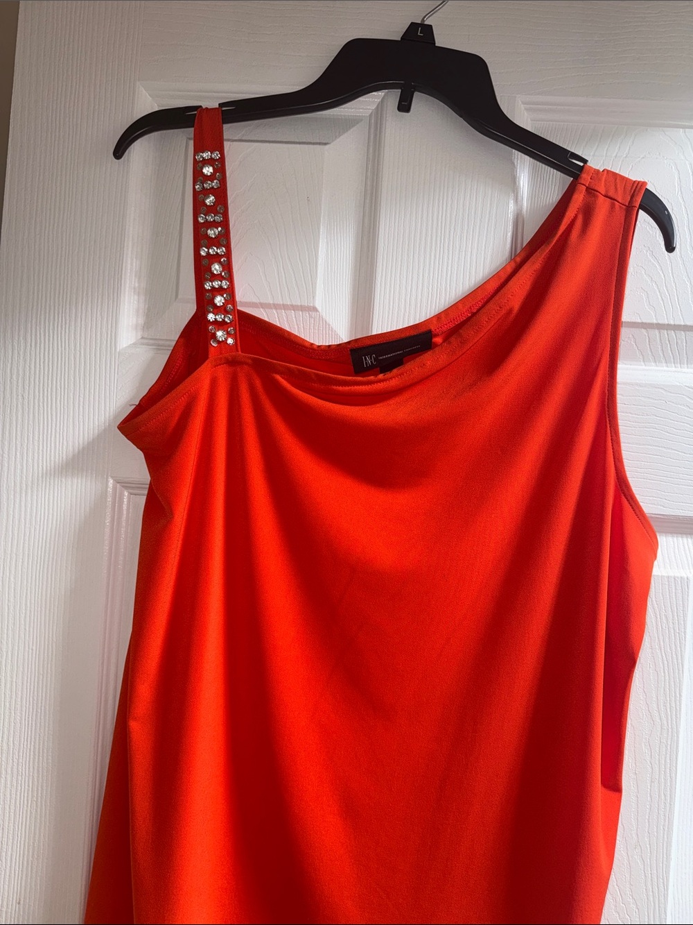 INC International Concepts One-Shoulder Orange Top with Rhinestone Strap